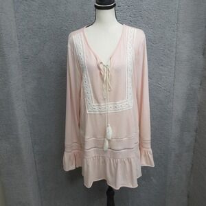 Hannah‎ Boho Tunic Shirt Womens L Pink Crochet Tassel Tie Ruffle Hem Bell Sleeve